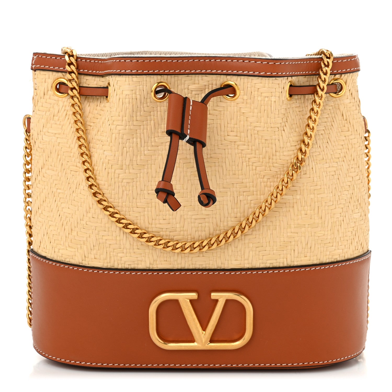 Valentino Garavani Raffia Calfskin Vlogo Drawstring Shoulder Bag Naturale Saddle Brown 1 of 10