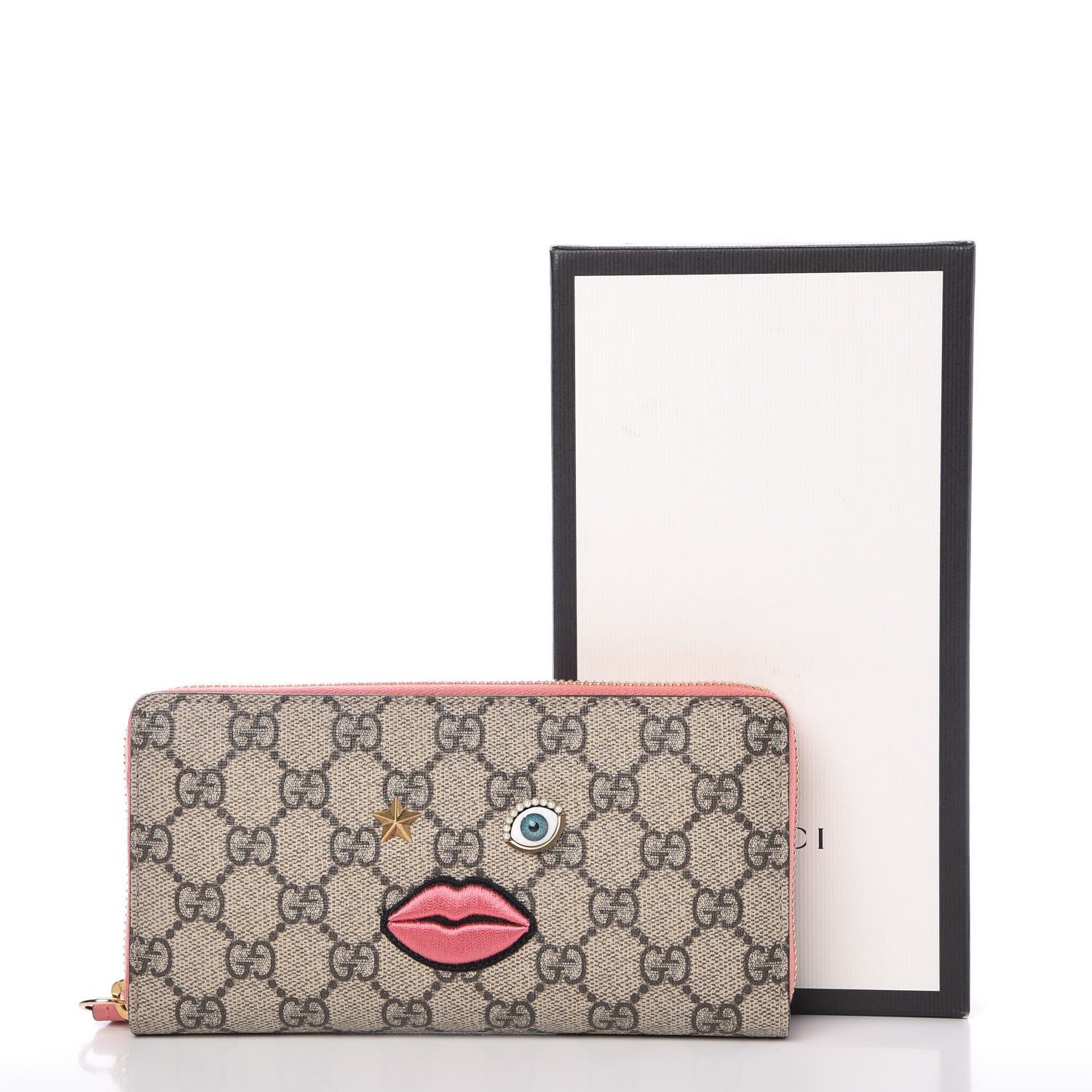 Gucci GG Supreme Monogram Embroidered Face Zip Around Wallet Pink 10 of 10