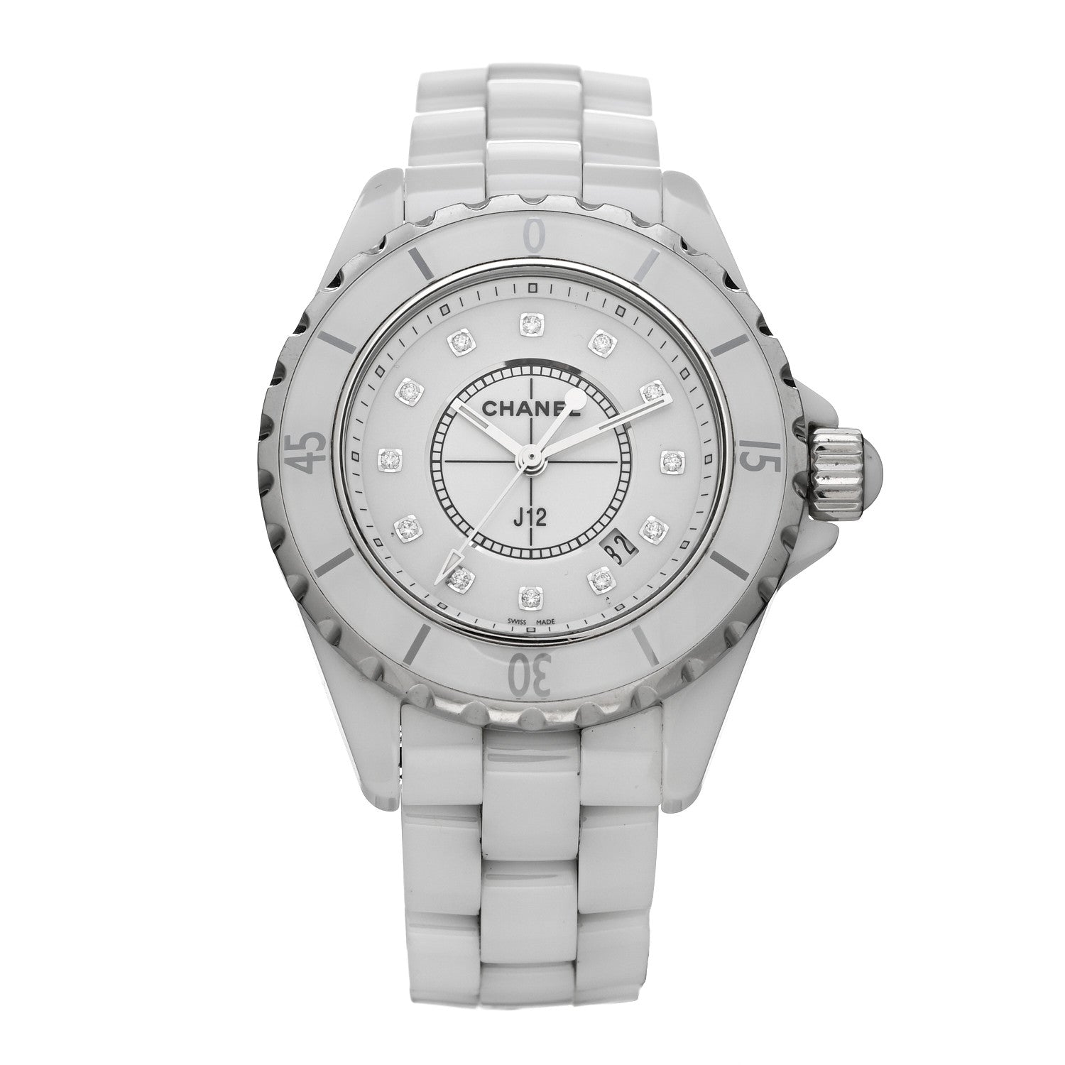 Chanel Stainless Steel Ceramic Diamond 33mm J12 Quartz Watch White 1 of 4