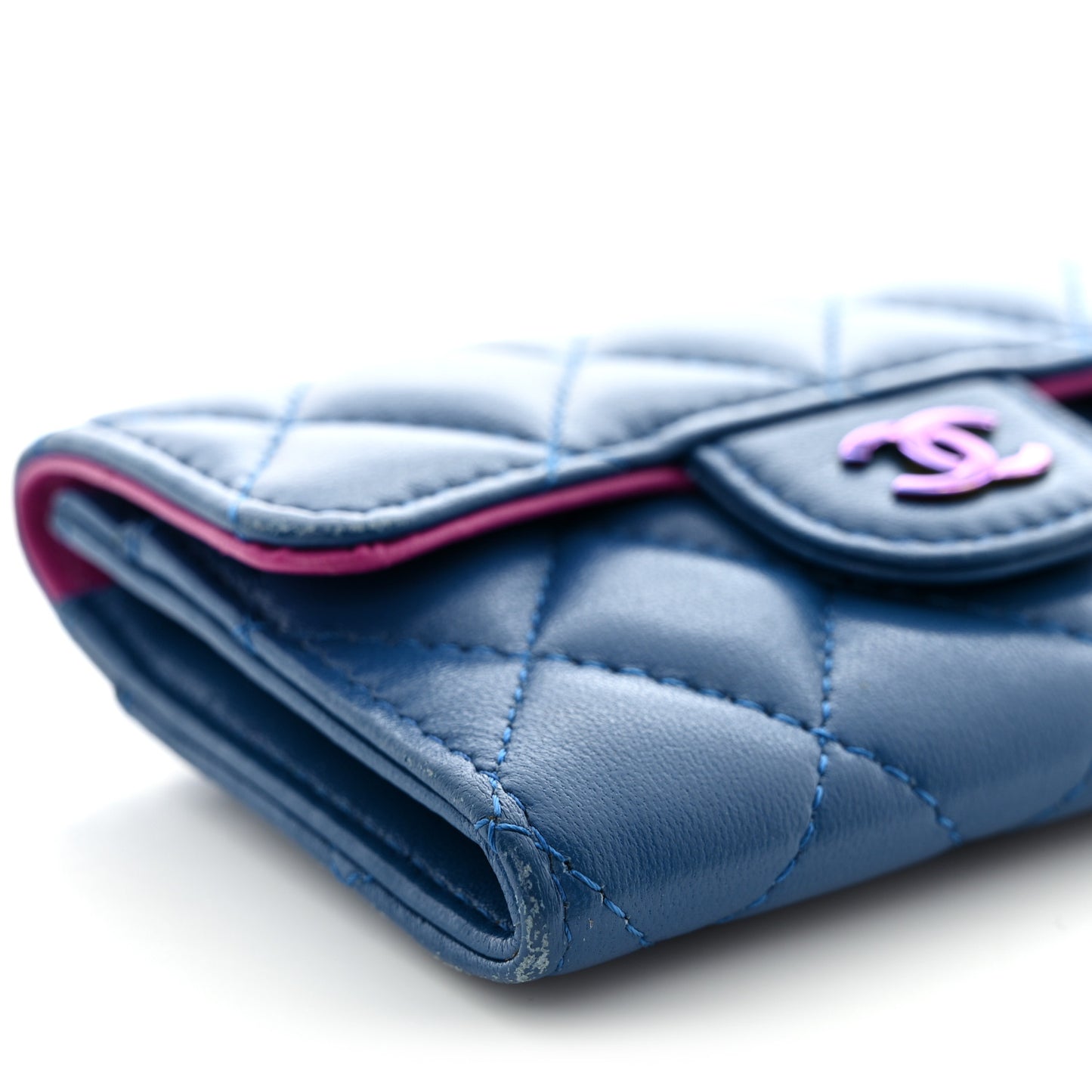 Lambskin Quilted Flap Card Holder Wallet Blue Pink