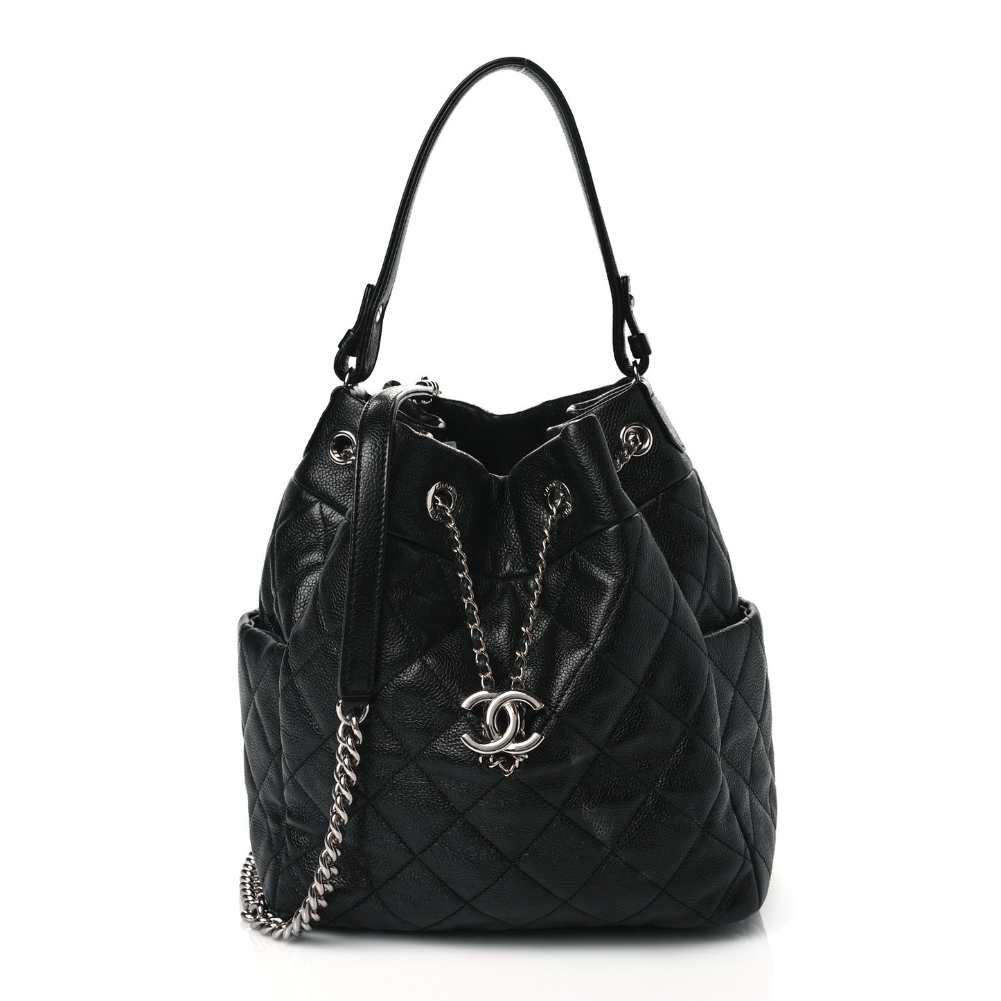 Caviar Flat Quilted CC Chain Bucket Drawstring Bag Black