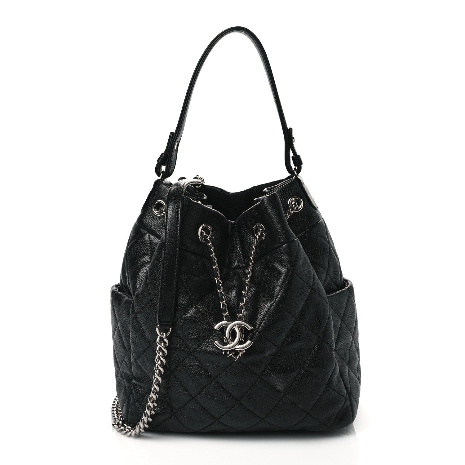 Chanel Caviar Flat Quilted CC Chain Bucket Drawstring Bag Black 1 of 11