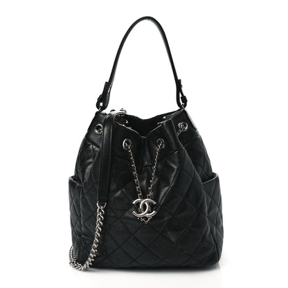 Chanel Caviar Flat Quilted CC Chain Bucket Drawstring Bag Black 1 of 11