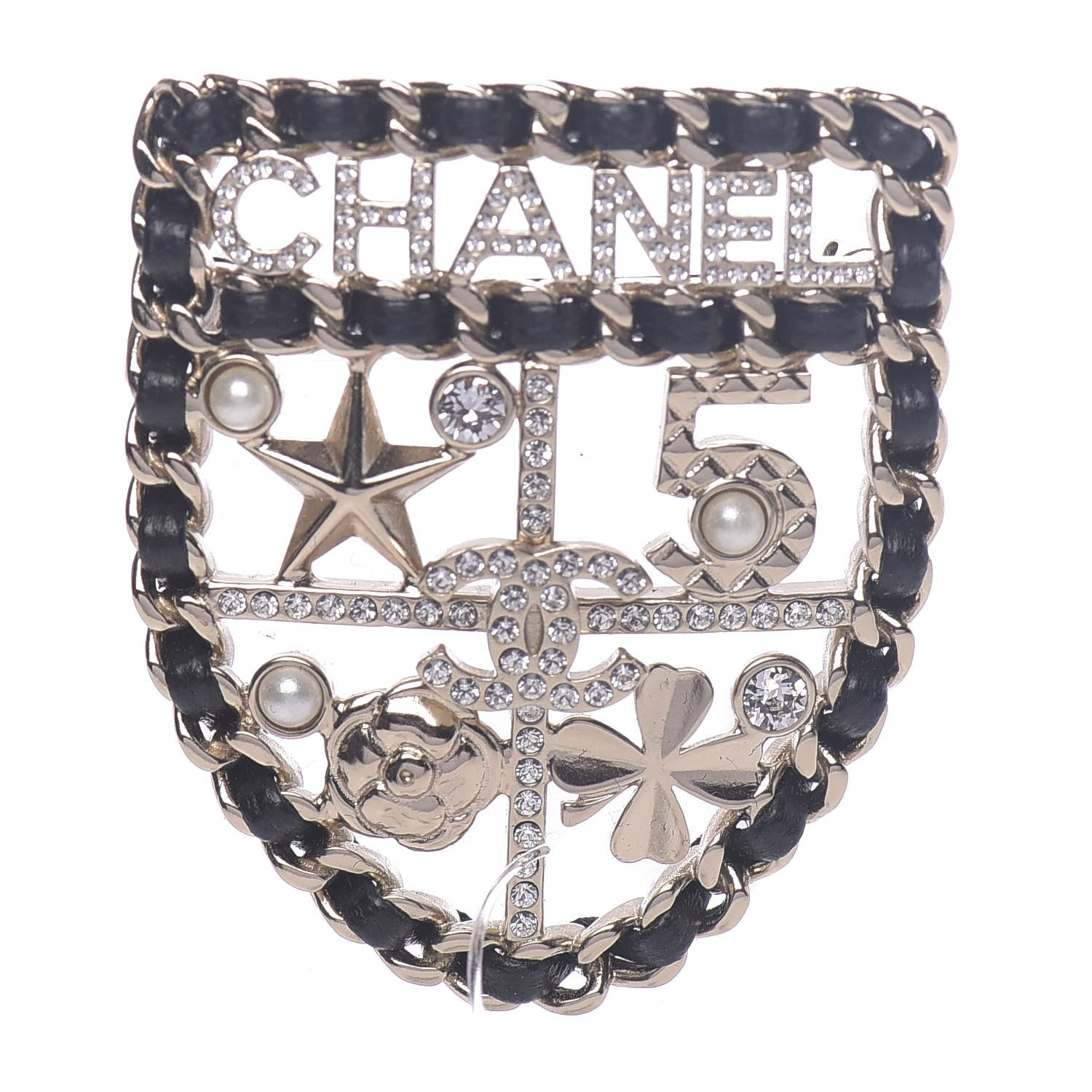 Chanel Lambskin Pearl Strass Sergeant Shield Brooch Gold 1 of 5