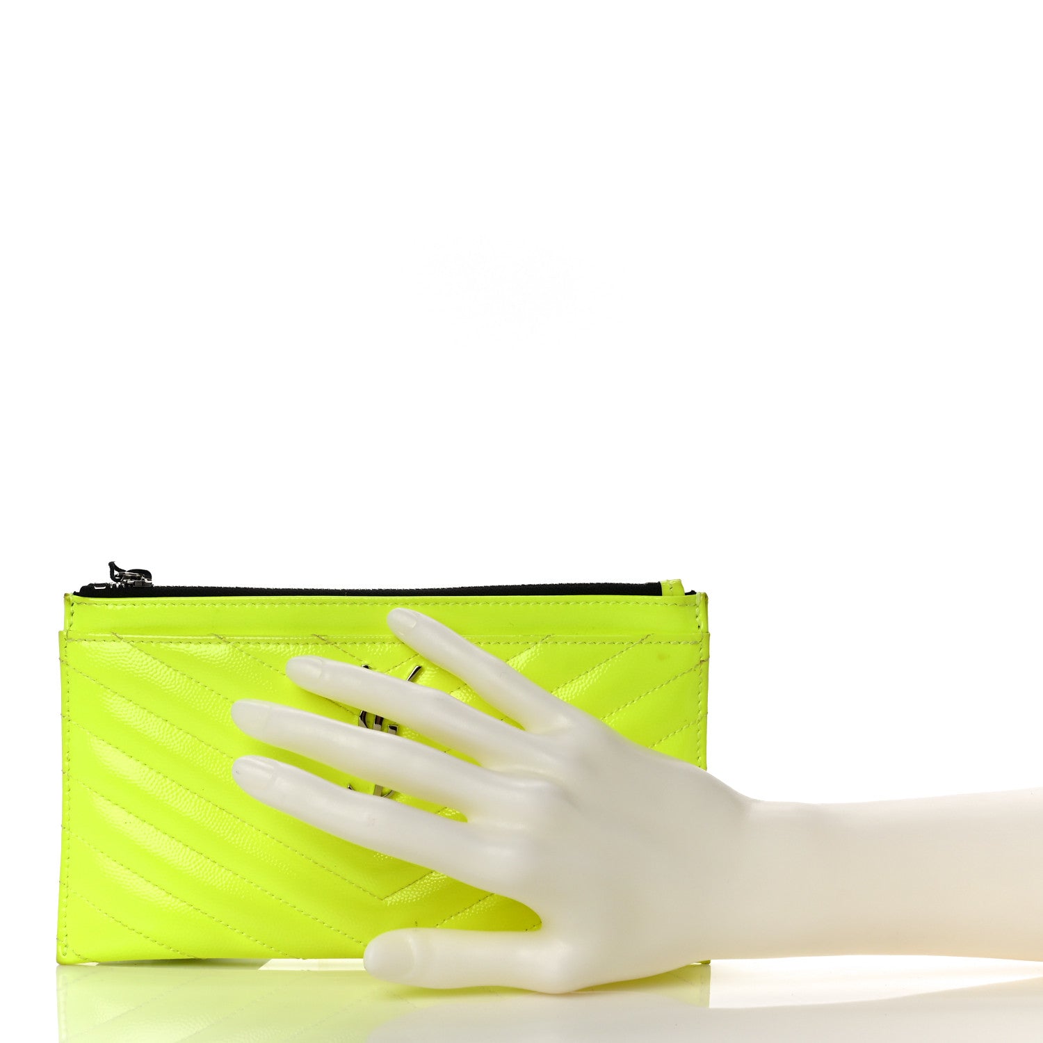 Saint Laurent Patent Grain De Poudre Matelasse Chevron Monogram Bill Pouch Neon Yellow 2 of 13