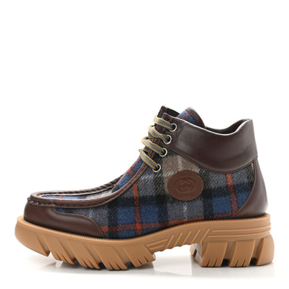 Gucci Wool Quebec Calfskin Tartan Plaid Mens Romance GG Hiking Boots 8.5 Brown Lapis Blue Deep Orange Beige 1 of 8
