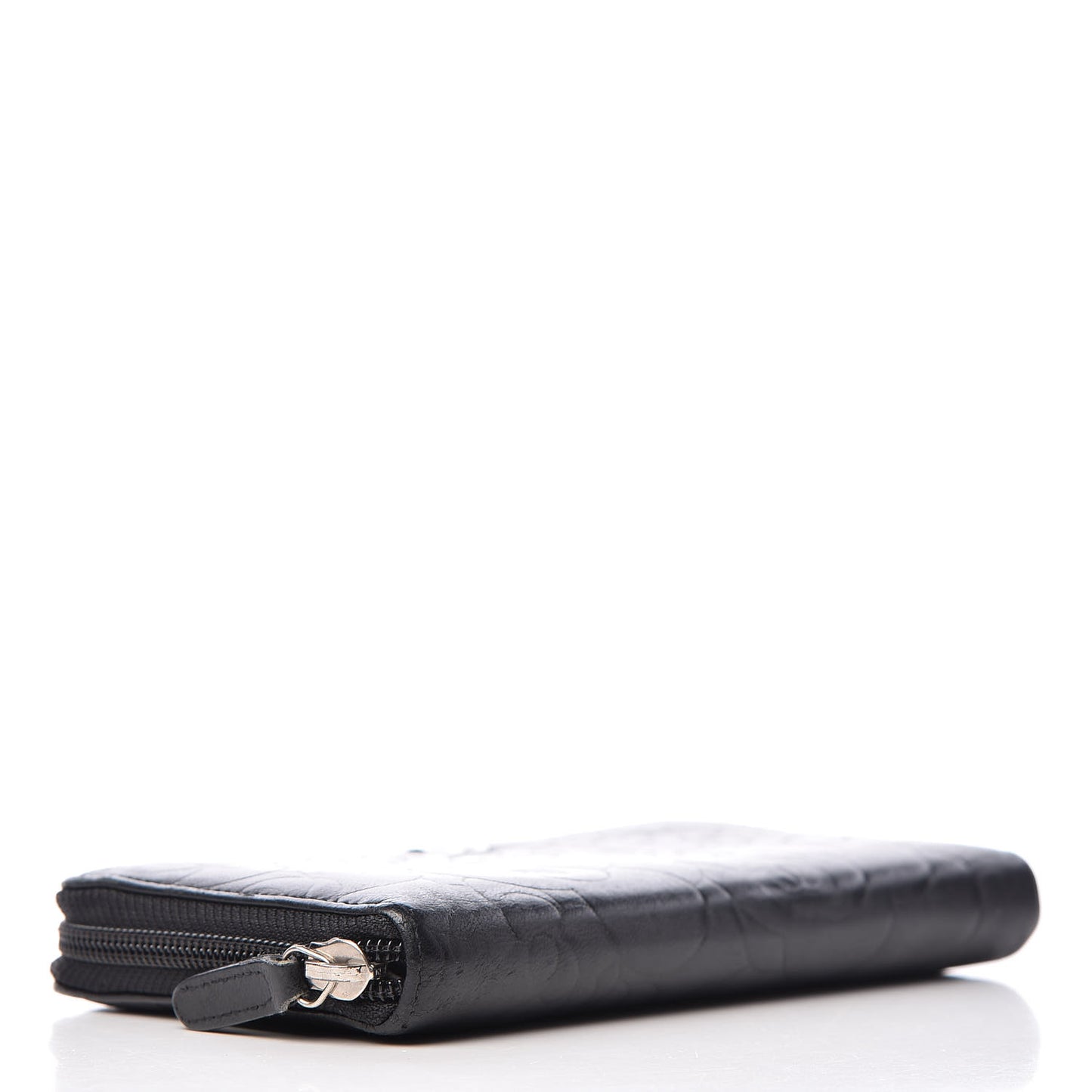 Lambskin Camellia Embossed Large Zip Around Gusset Wallet Black