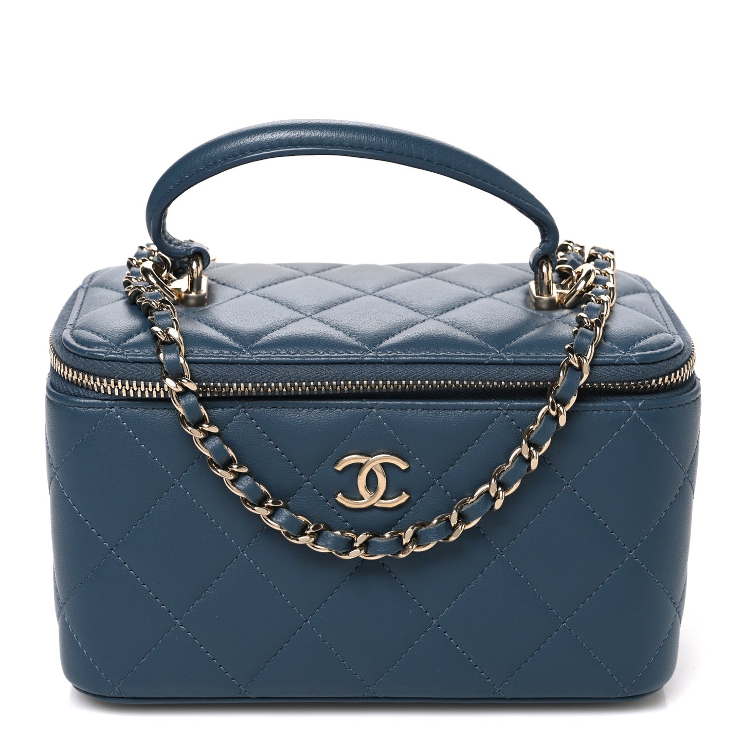 Lambskin Quilted Small Top Handle Vanity Case With Chain Blue