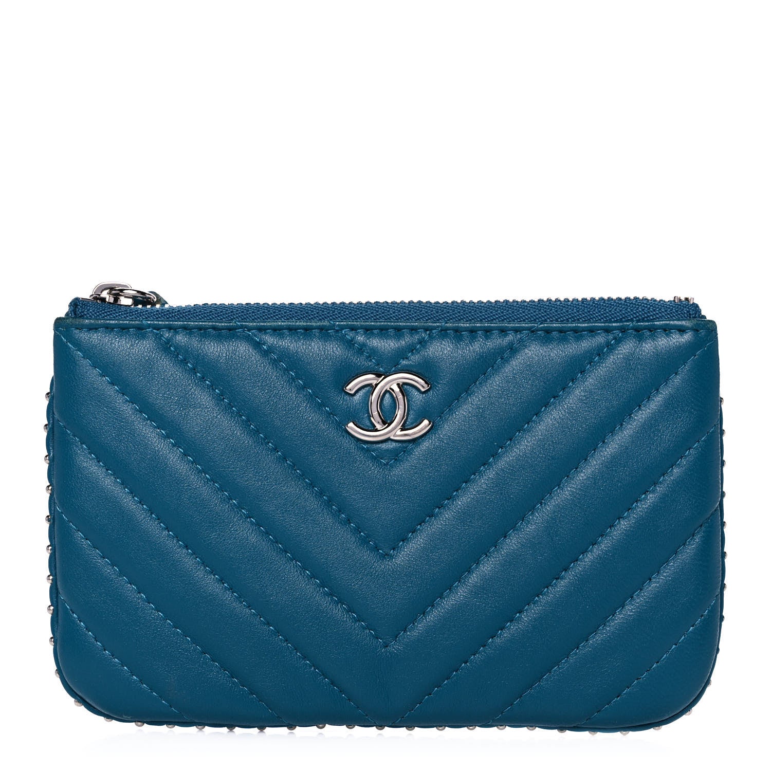 Chanel Lambskin Chevron Quilted Studded Small Cosmetic Case Blue 1 of 14