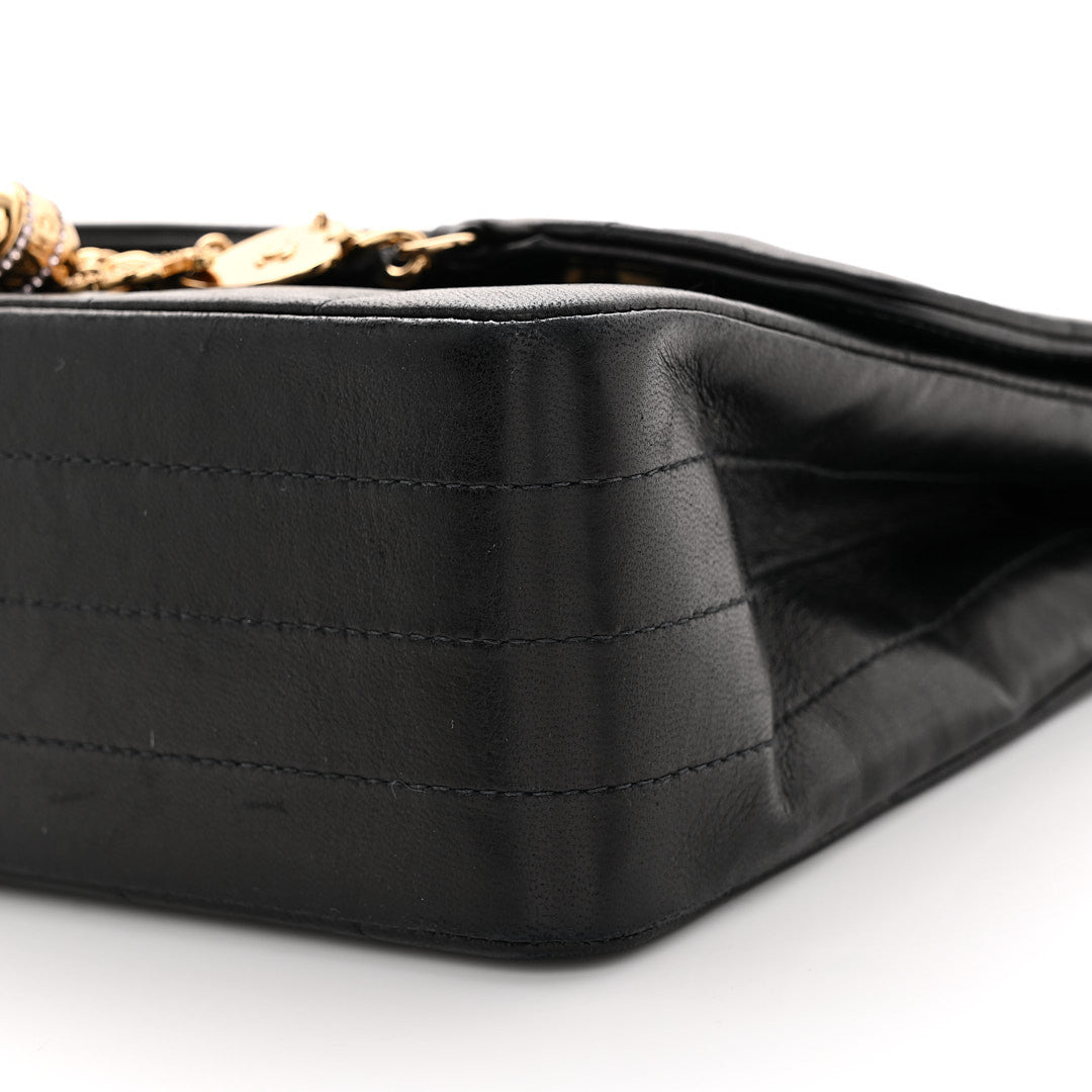 Lambskin Quilted Crystal Chocolate Bar Charm Flap Black