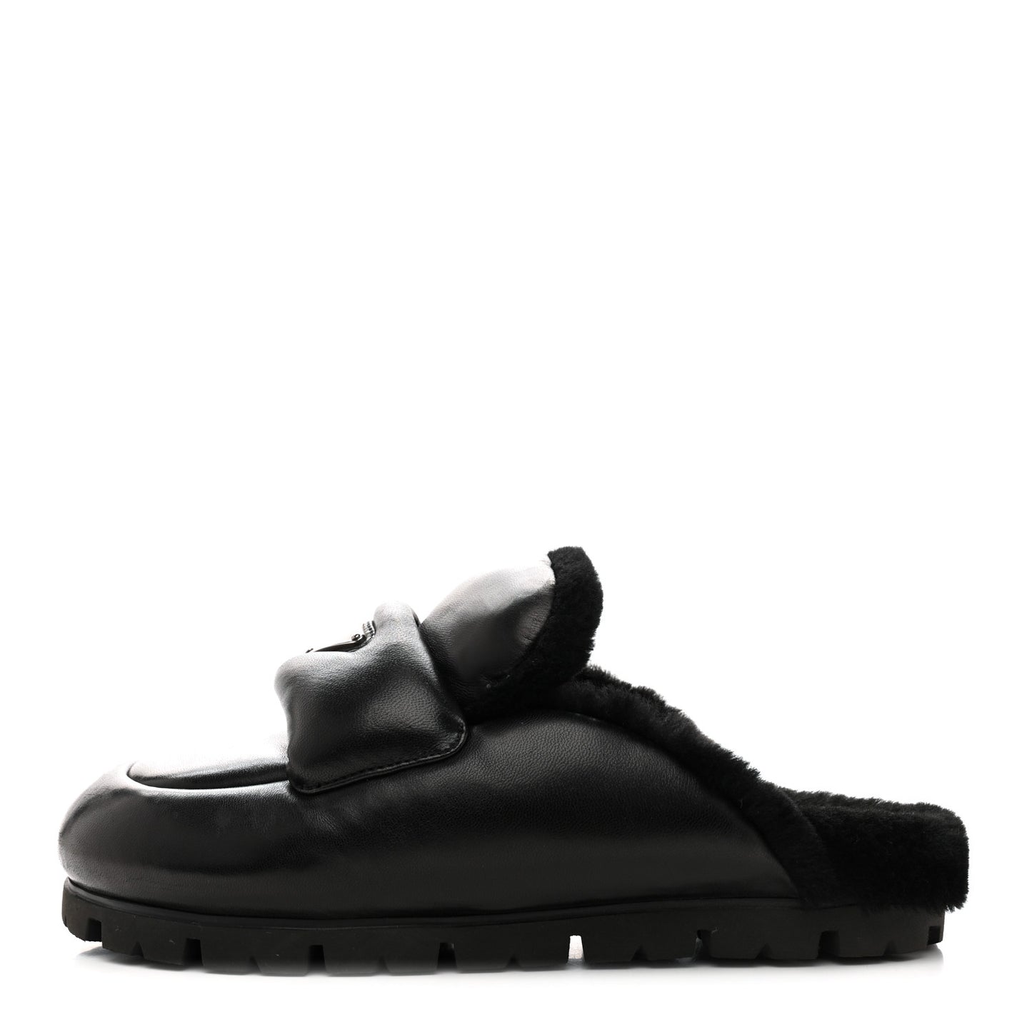 Nappa Shearling Soft Padded Metal Triangle Logo Lug Sole 20mm Mules 38 Black