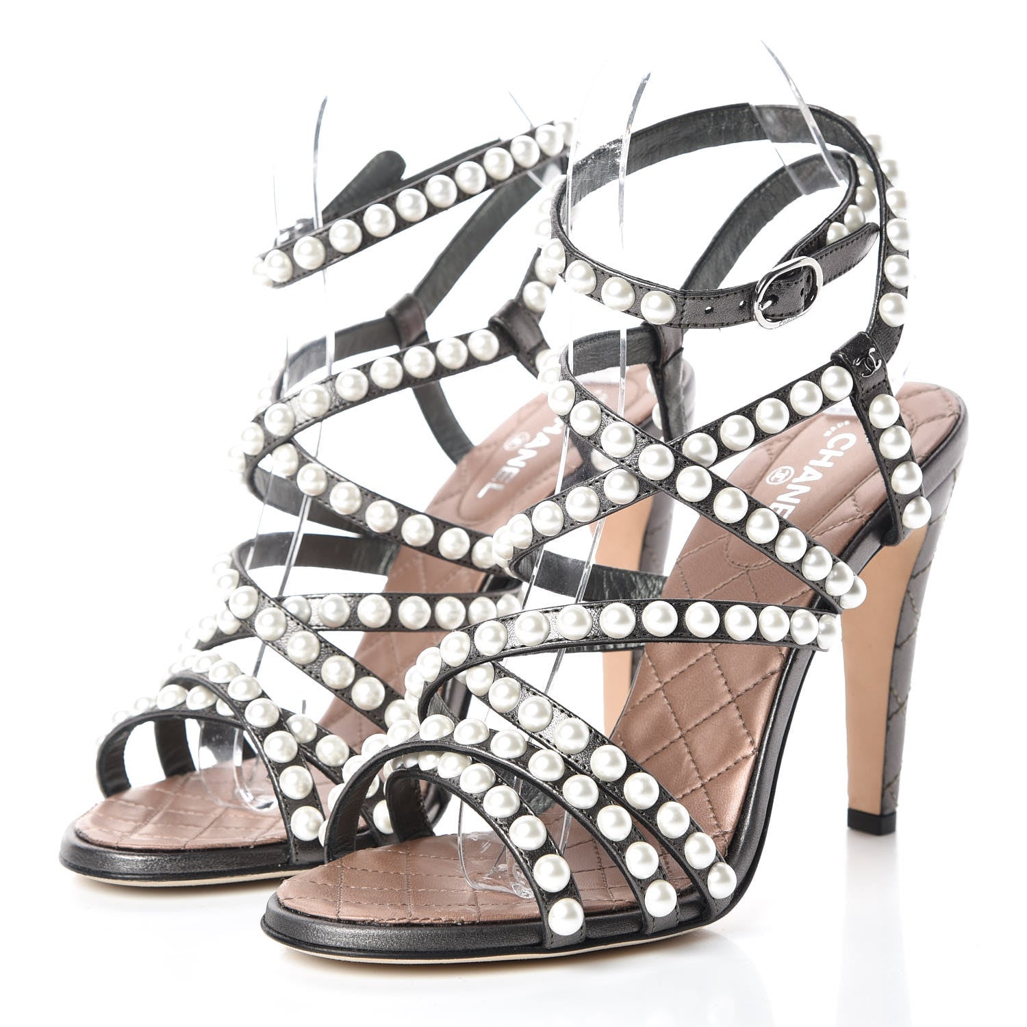 Chanel Laminated Lambskin Quilted Pearl Sandals 37 Khaki 3 of 8