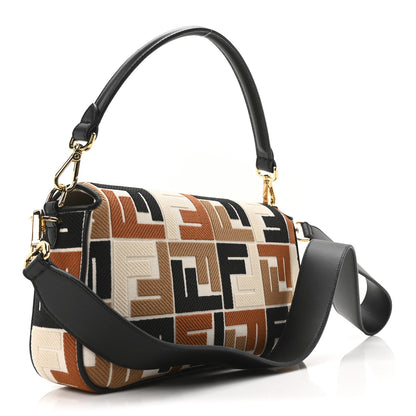 Fendi Canvas Vitello Seta FF Multicolor Embroidered Baguette Brandy Black 3 of 9