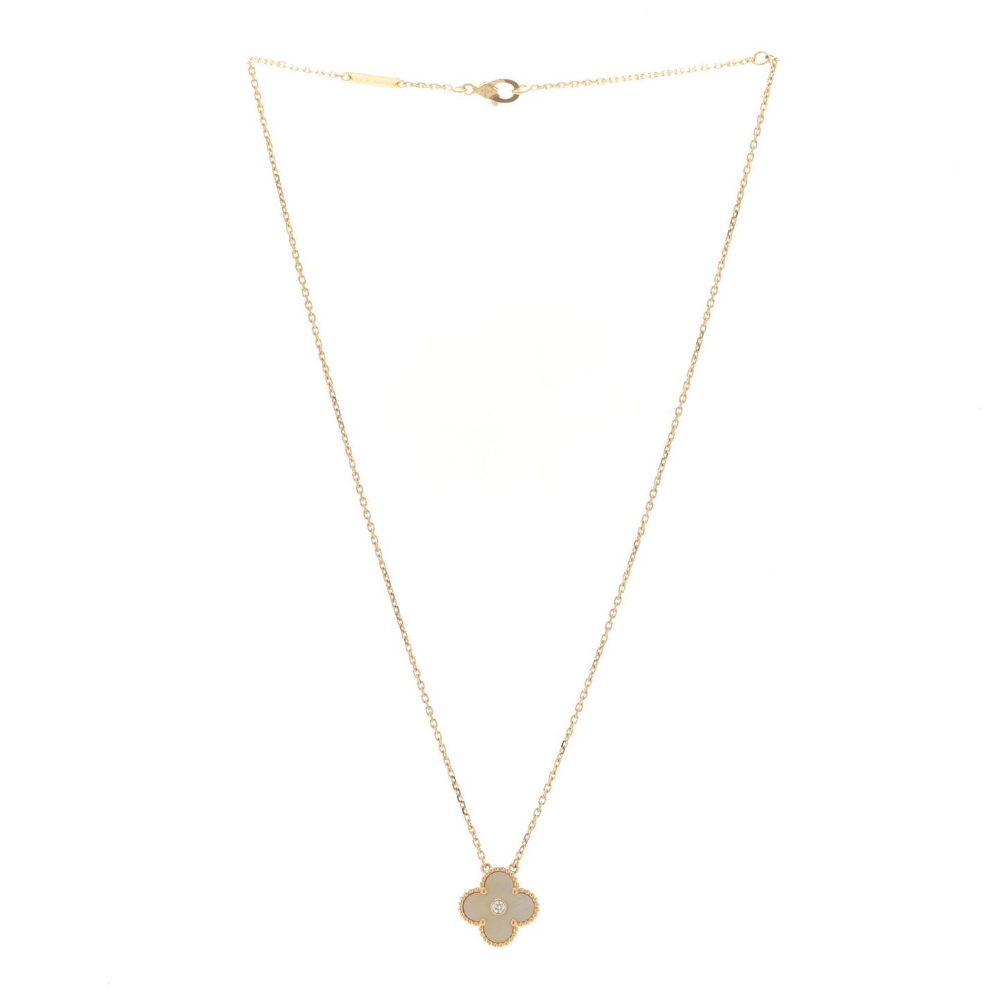 18K Yellow Gold Diamond Yellow Mother of Pearl Vintage Alhambra Pendant Necklace