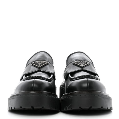 Prada Spazzolato Metal Triangle Logo Mens 35mm Loafers 8 Black 3 of 13