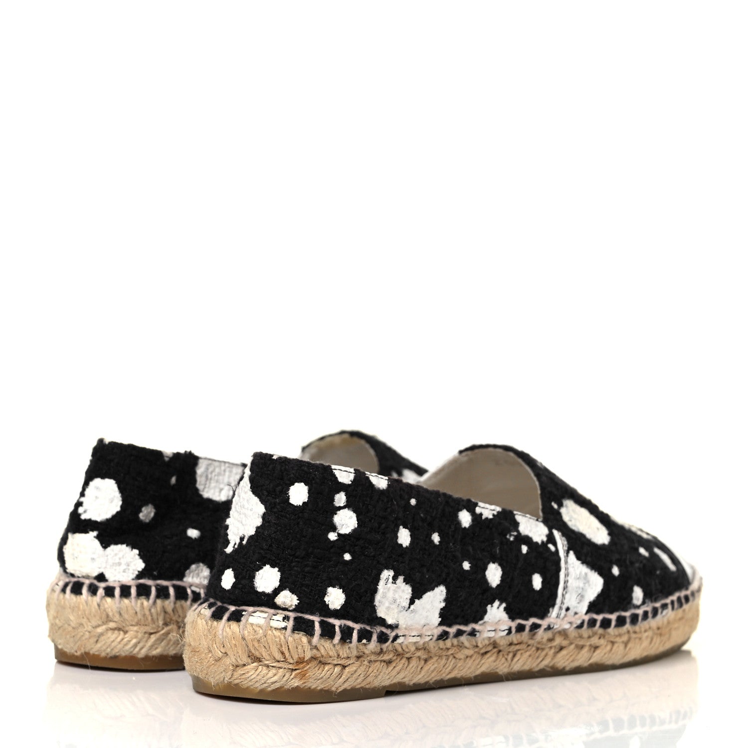 Chanel Patent Tweed Splatter Paint Print Cap Toe CC Espadrilles 38 Black White 4 of 9