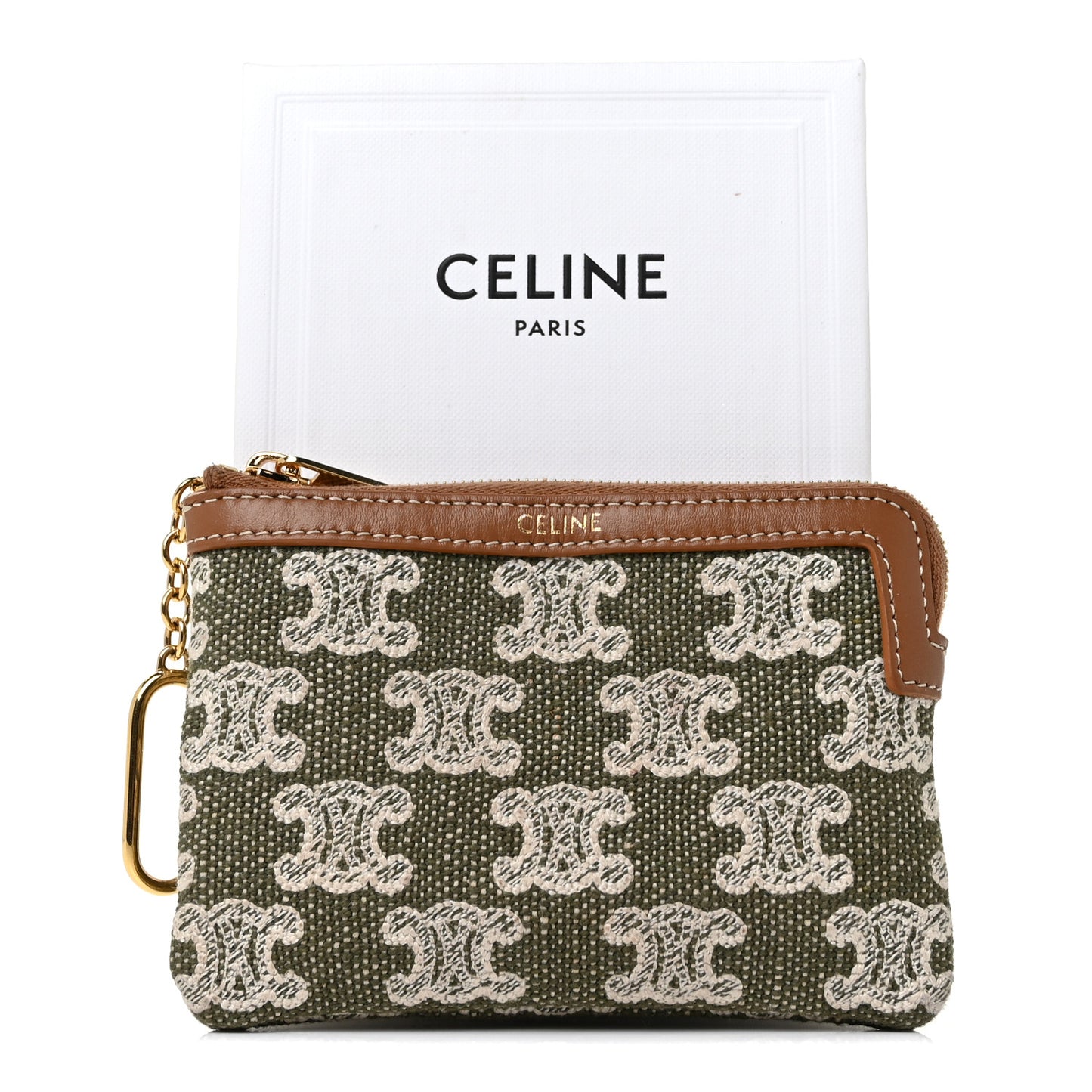 Triomphe Canvas Calfskin Coin and Card Pouch Khaki