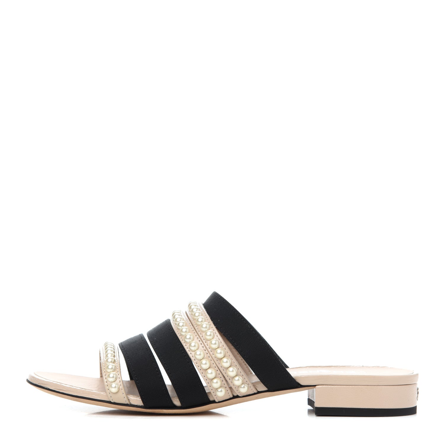 Chanel Patent Calfskin Grosgrain CC Pearl Mules 36 Beige Black 1 of 26