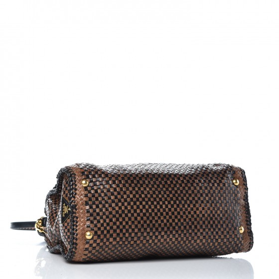 Goatskin Woven Top Handle Satchel Black Tan