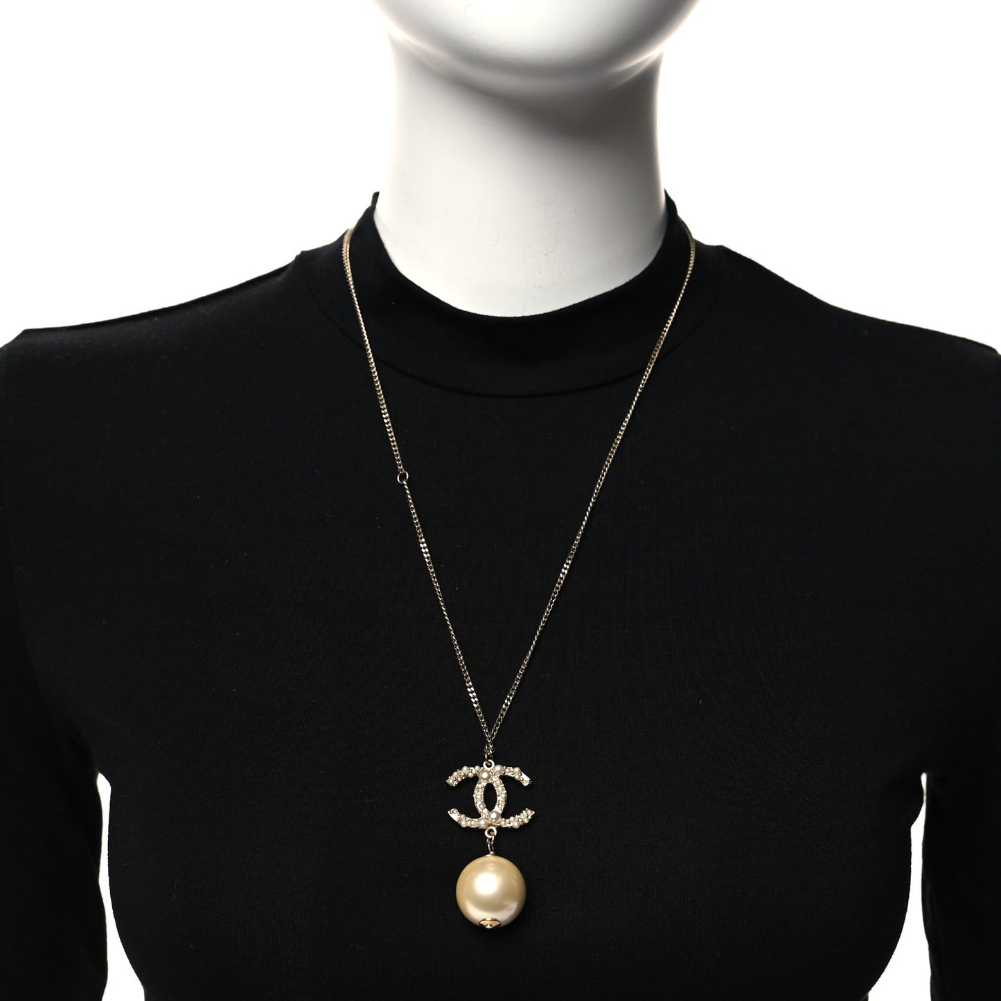 Crystal Pearl CC Drop Necklace Gold