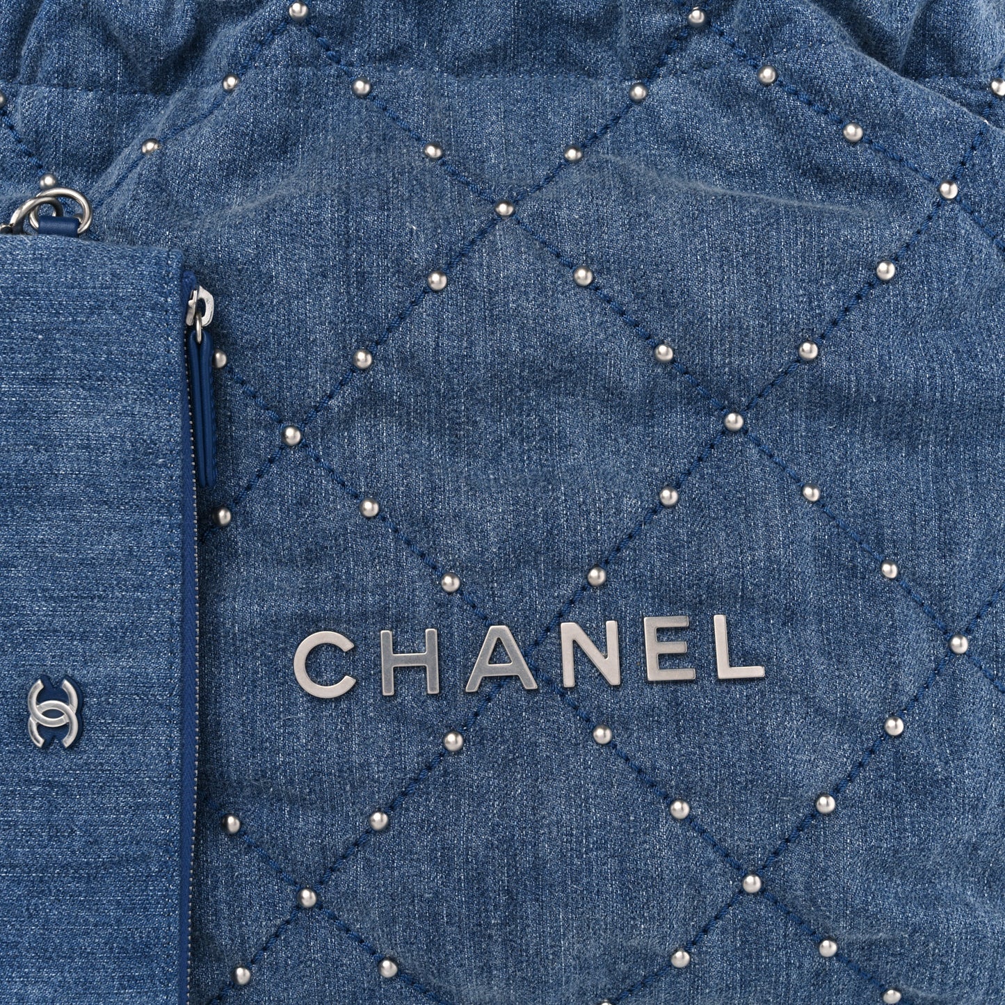 Washed Denim Quilted Studded Small Chanel 22 Blue
