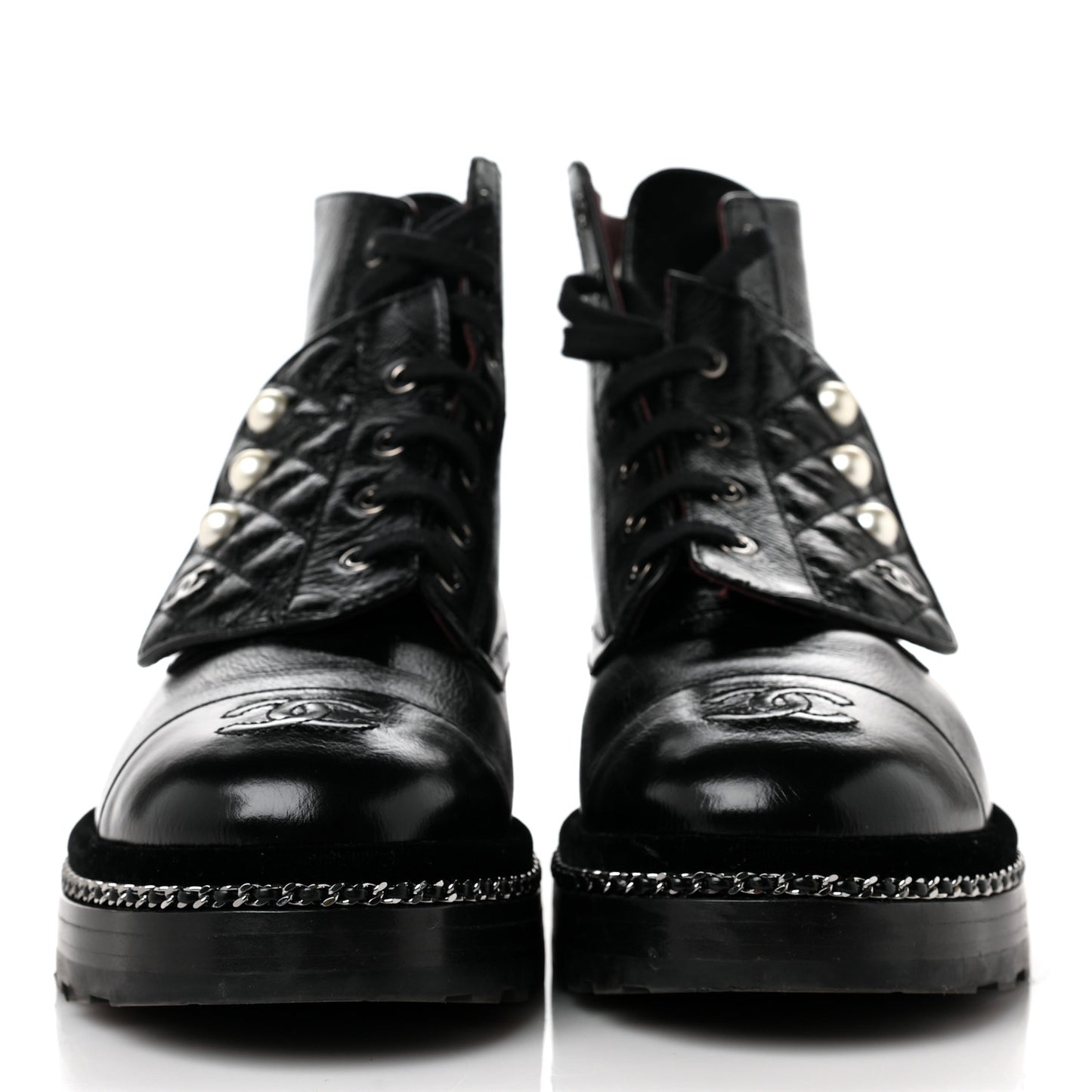 Crackled Calfskin Velvet Pearl Combat Short Boots 39.5 Black