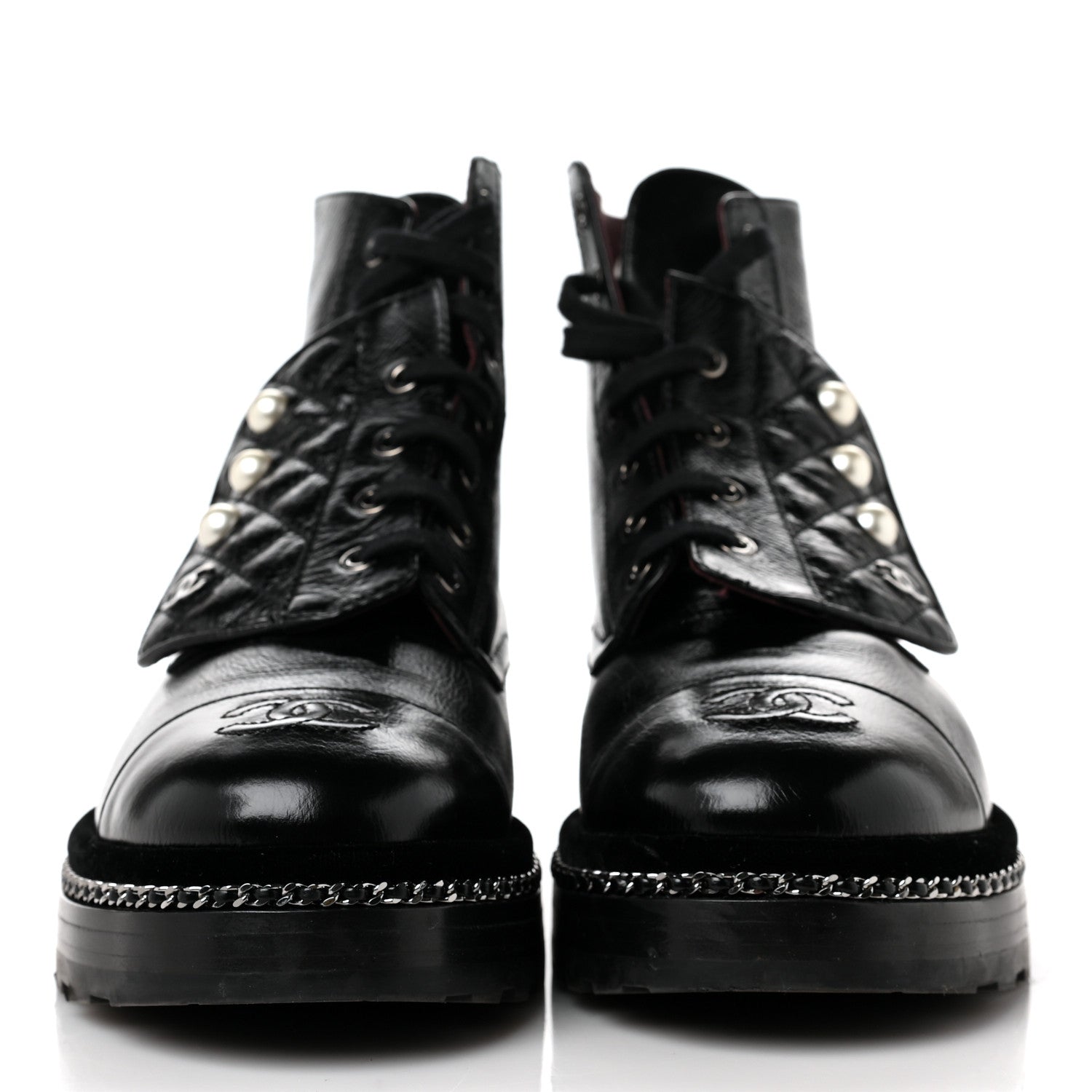 Chanel Crackled Calfskin Velvet Pearl Combat Short Boots 39.5 Black 2 of 5