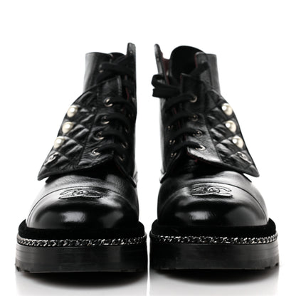 Chanel Crackled Calfskin Velvet Pearl Combat Short Boots 39.5 Black 2 of 5