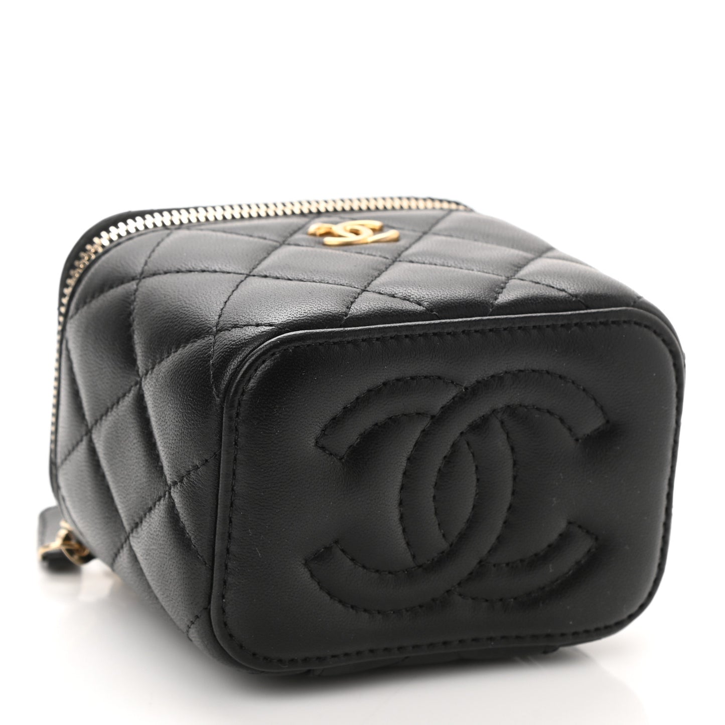 Lambskin Quilted Mini Pearl Crush Vanity Case With Chain Black