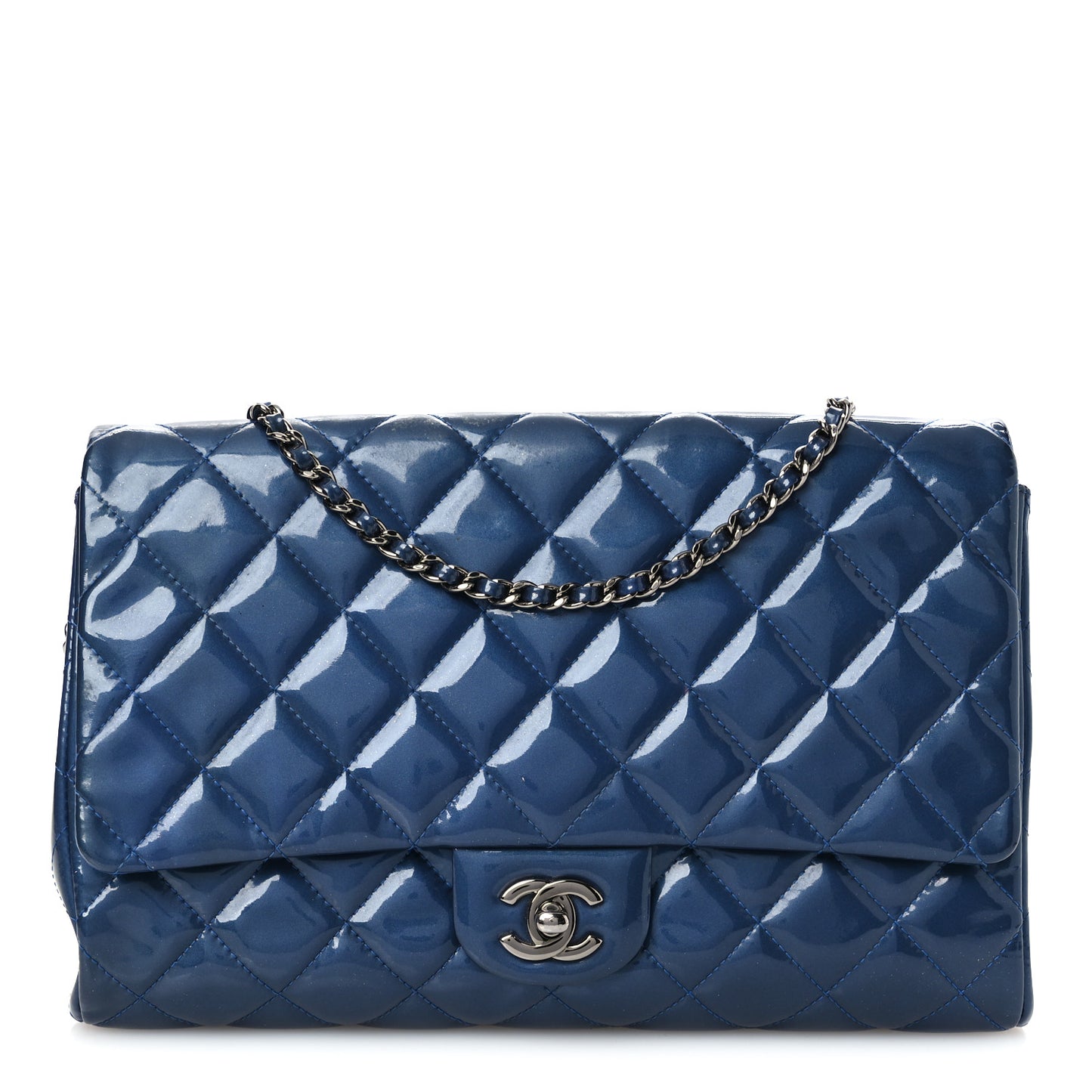 Patent Quilted Clutch with Chain Flap Blue