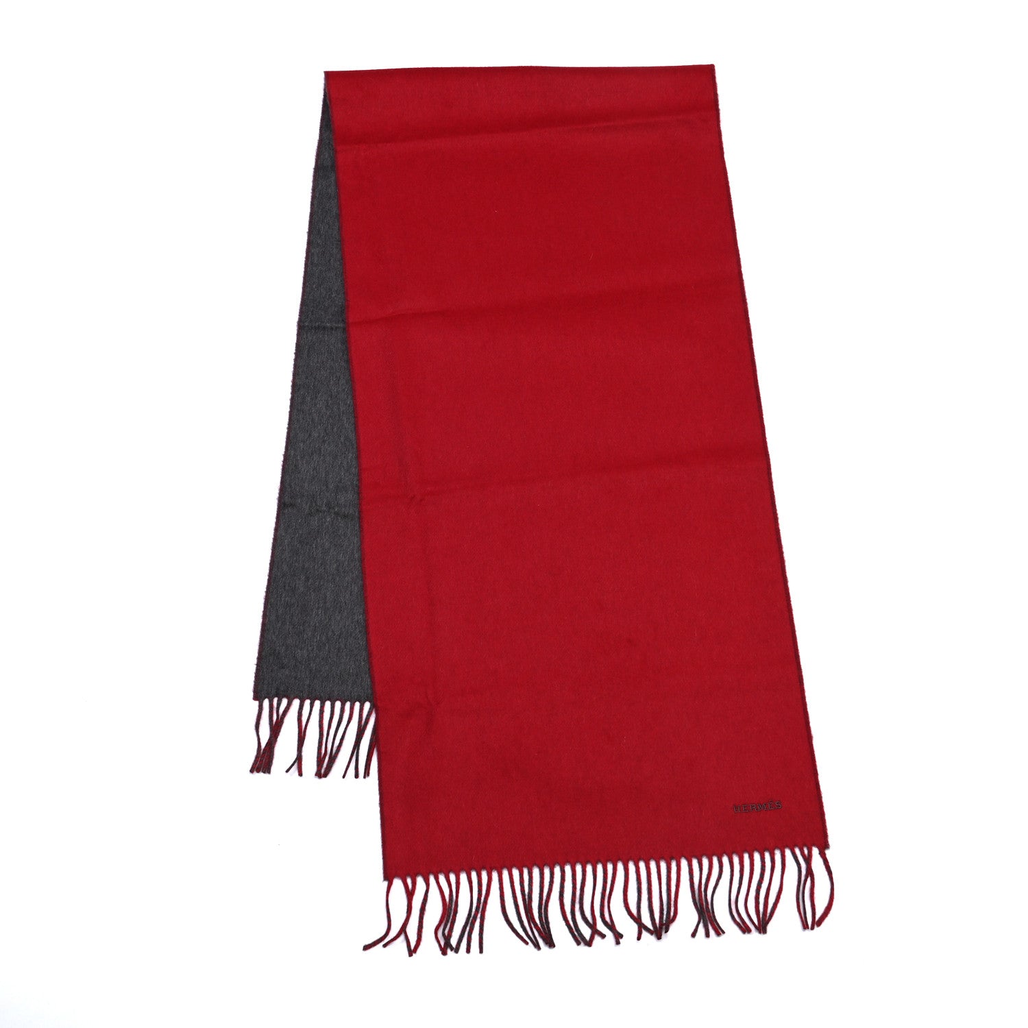 Hermes Cashmere Fringe Double Face Stole Scarf Red Grey 2 of 5