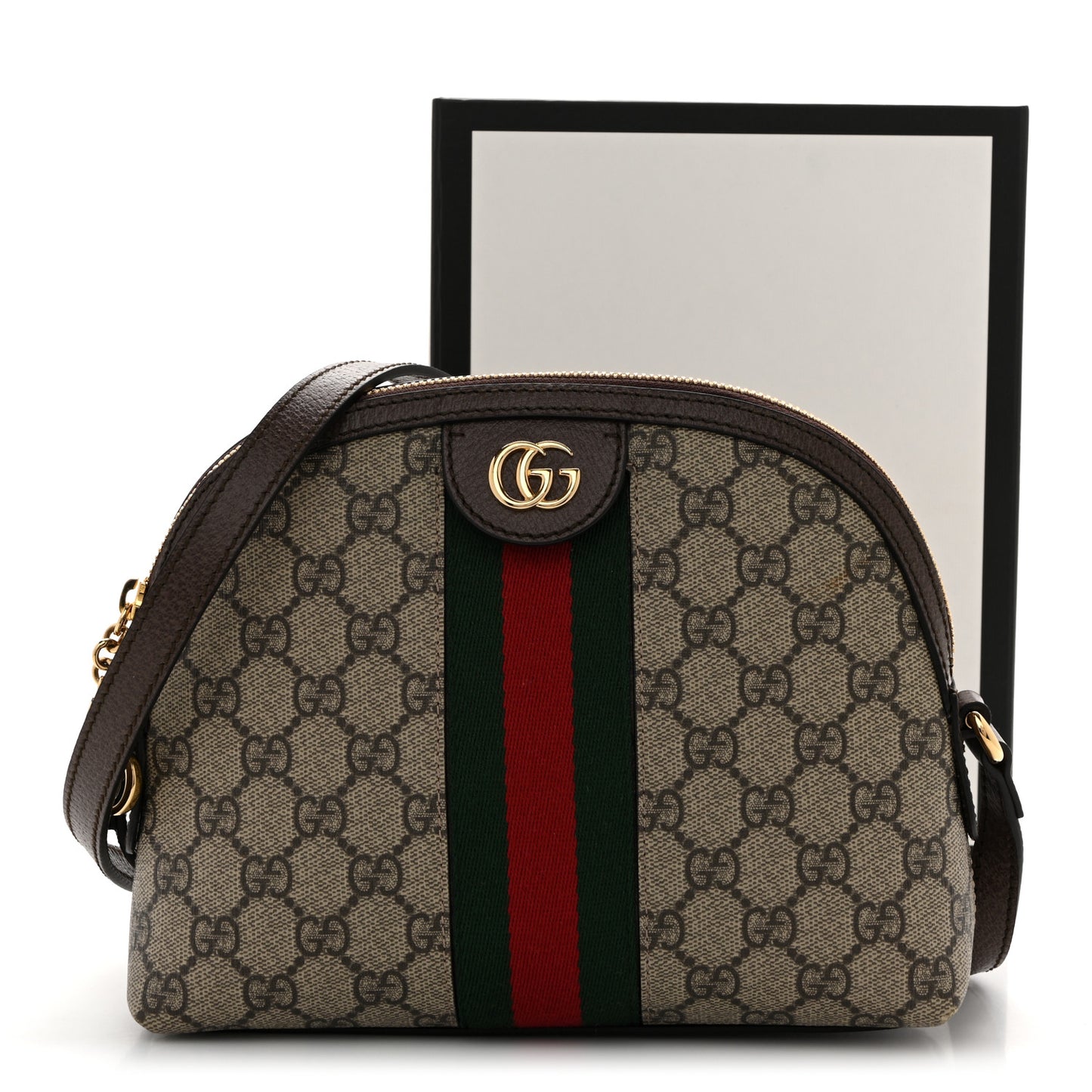 GG Supreme Monogram Textured Dollar Calfskin Web Small Ophidia Dome Shoulder Bag Beige Ebony New Acero
