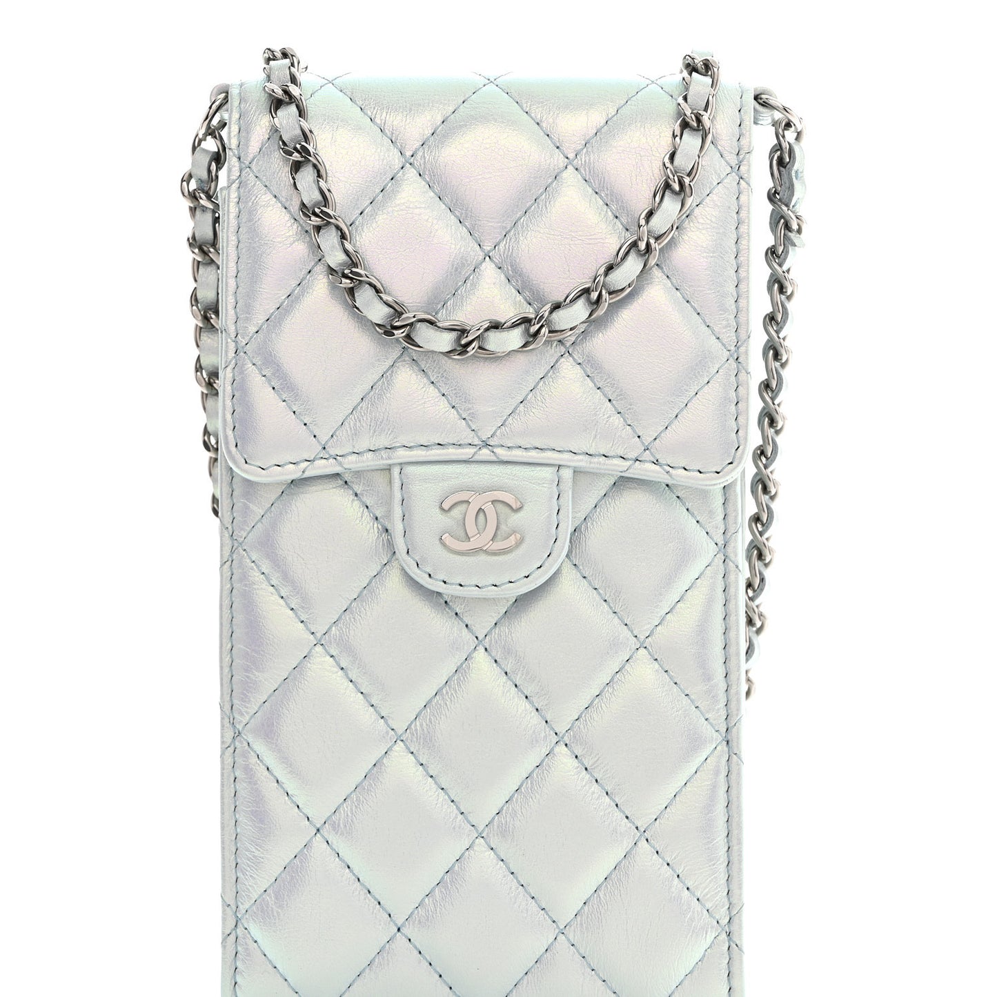 Iridescent Lambskin Quilted CC Phone Holder Blue