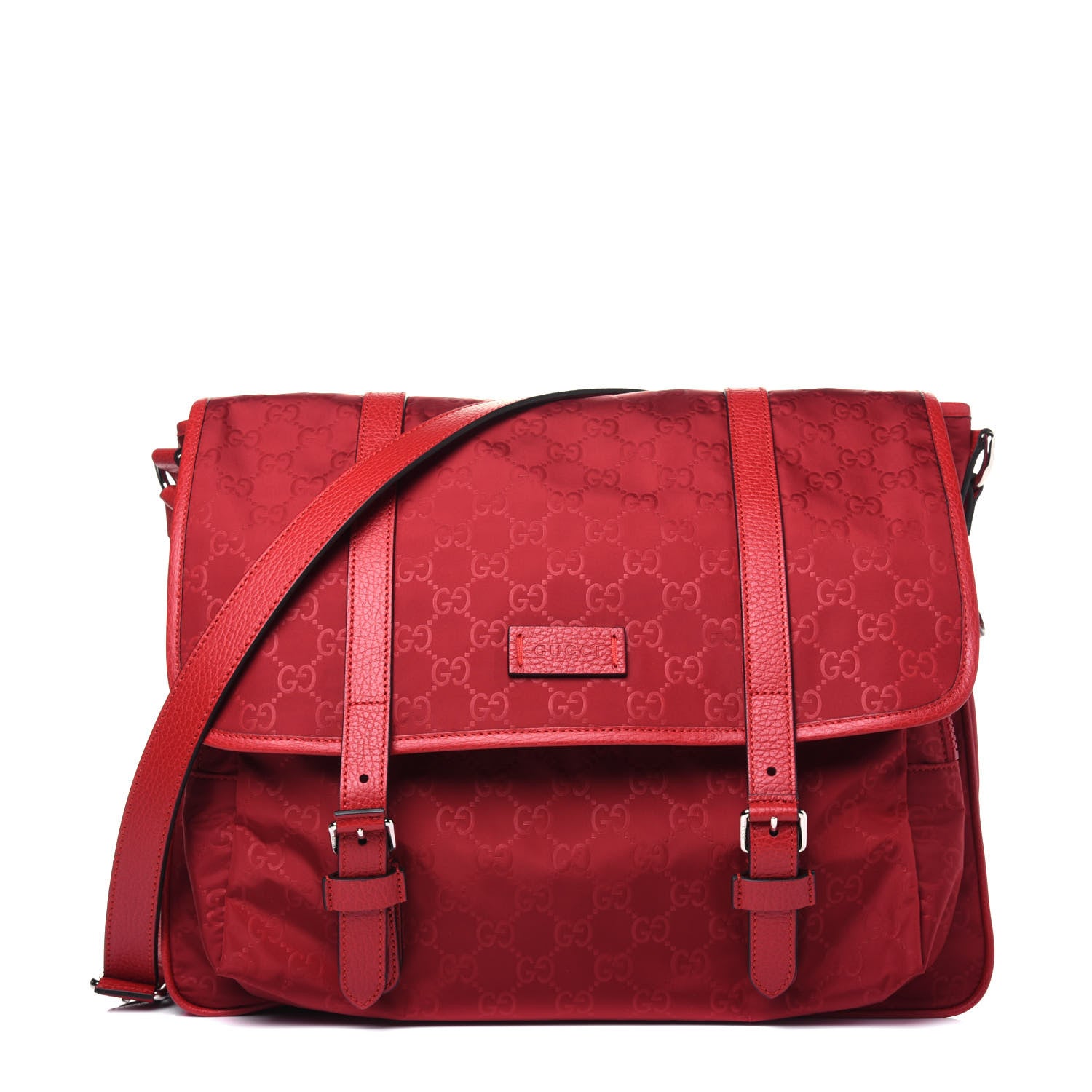 Gucci Nylon Monogram Double Buckle Flap Messenger Bag Vibrant Red 1 of 11