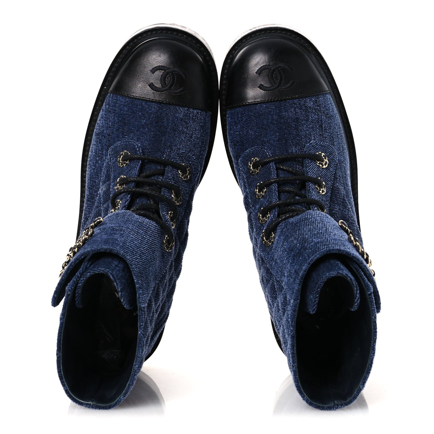 Shiny Calfskin Velvet Quilted Lace Up Combat Boots 39.5 Blue Black