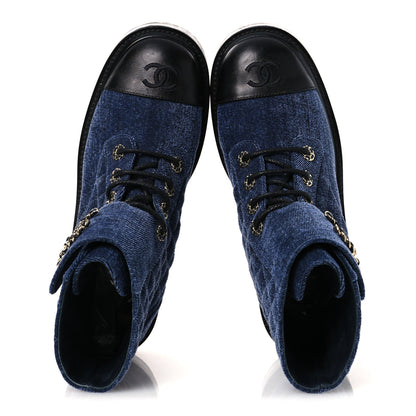 Chanel Shiny Calfskin Velvet Quilted Lace Up Combat Boots 39.5 Blue Black 2 of 12