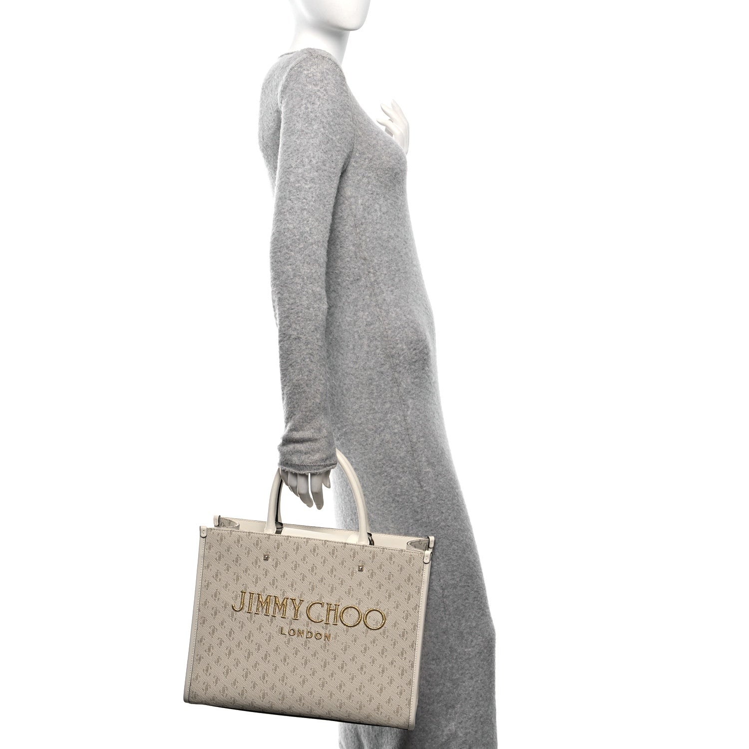 Jimmy Choo JC Logo Jacquard Lurex Soft Shiny Calfskin Medium Varenne Tote Bag Latte Gold Light Gold 2 of 9