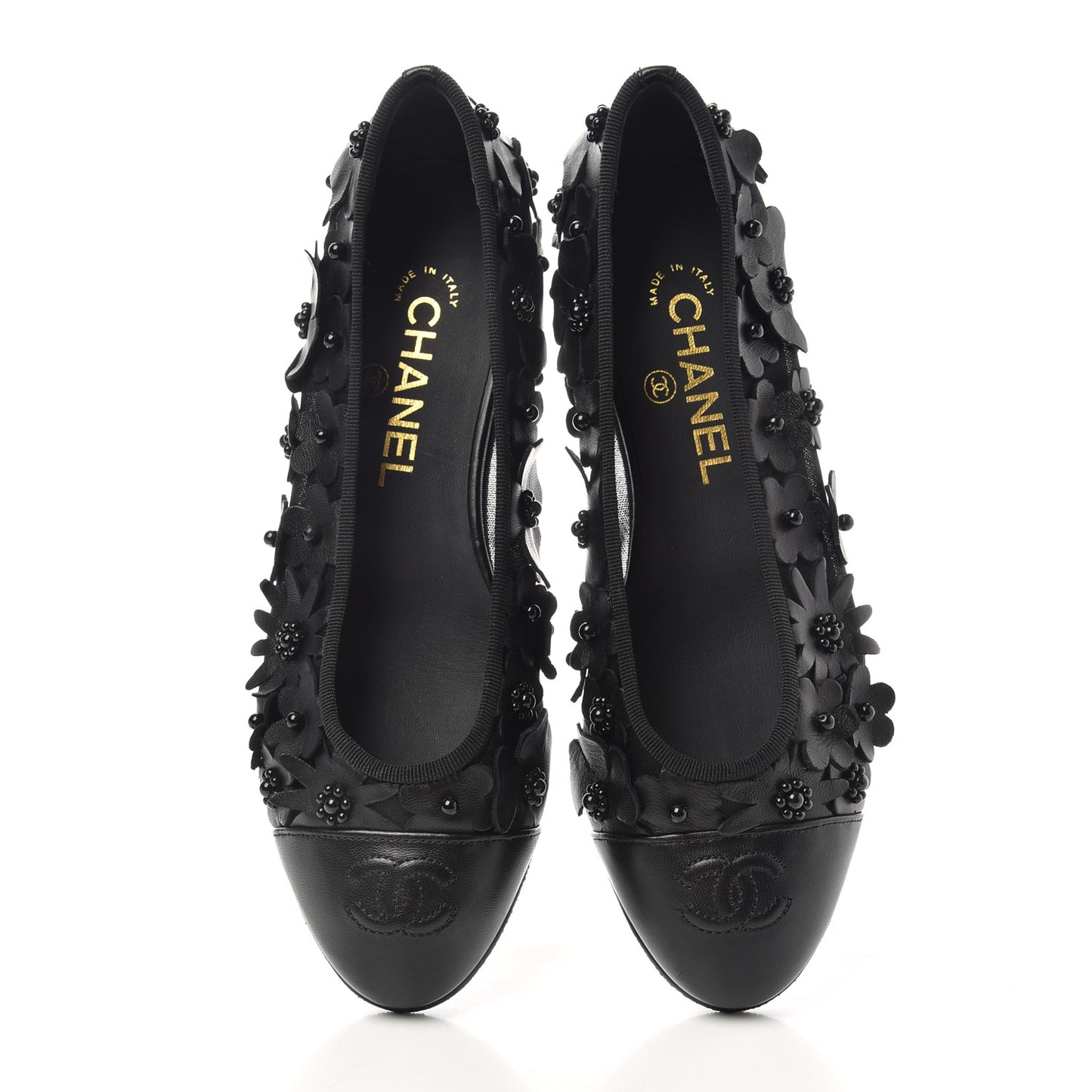 Canvas Lambskin Beaded Camellia Cap Toe Ballerina Flats 37 Black