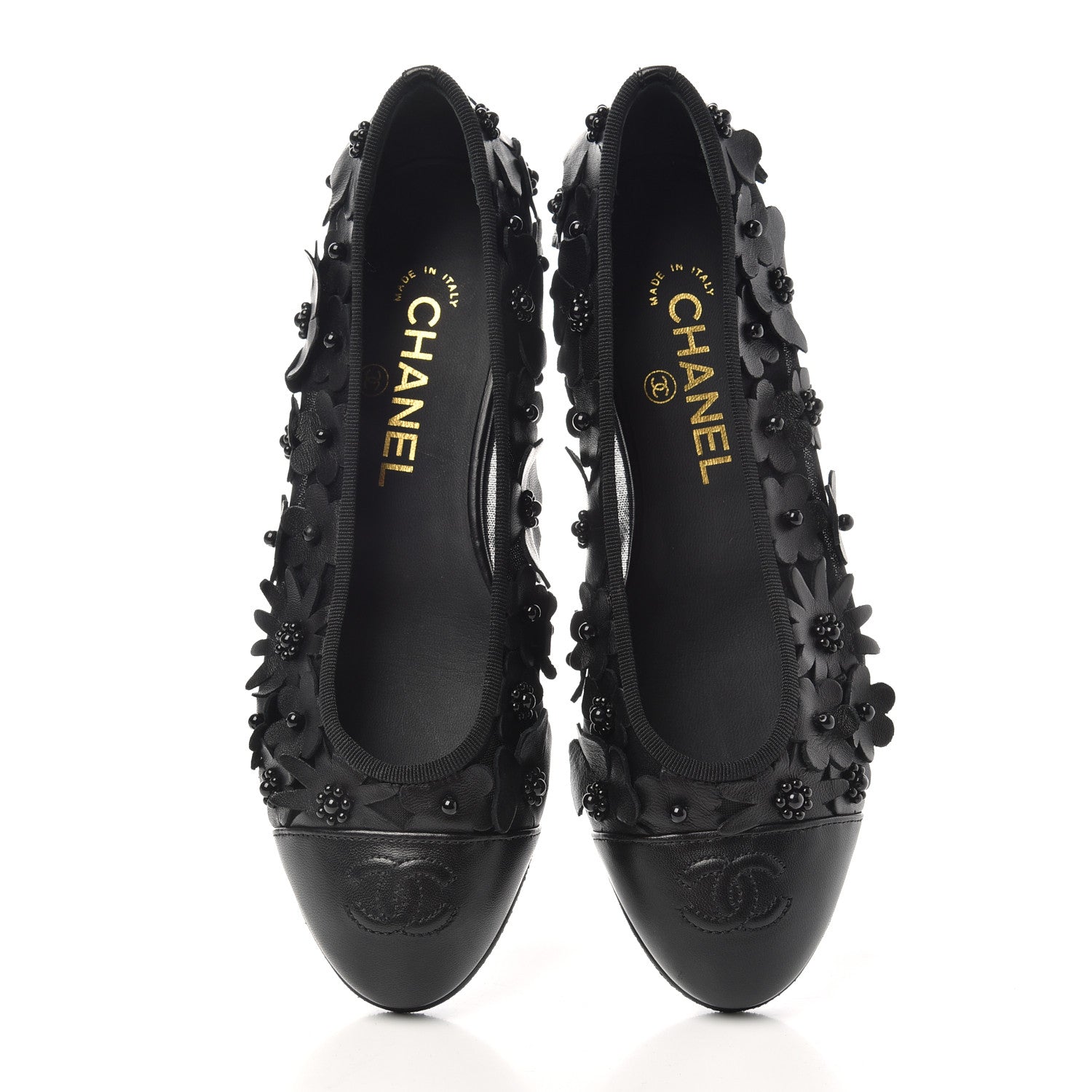 Chanel Canvas Lambskin Beaded Camellia Cap Toe Ballerina Flats 37 Black 5 of 9