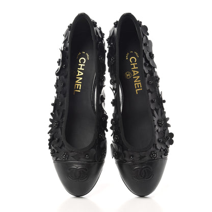 Chanel Canvas Lambskin Beaded Camellia Cap Toe Ballerina Flats 37 Black 5 of 9