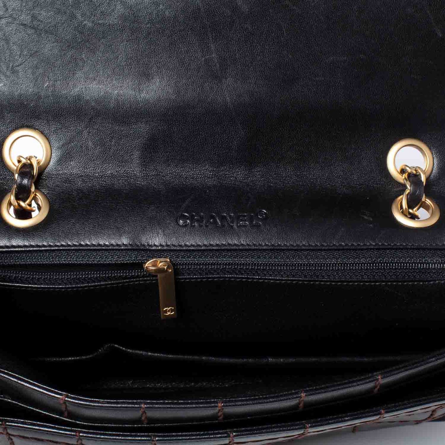 Lambskin Square Stitched Flap Brown