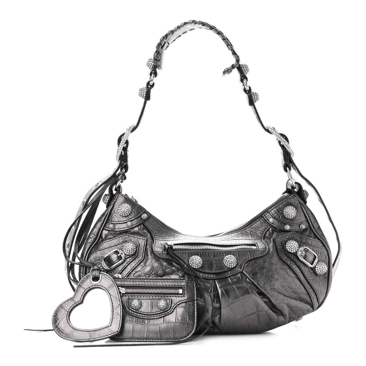 Metallic Calfskin Crocodile Embossed Crystal Small Le Cagole Shoulder Bag Gunmetal