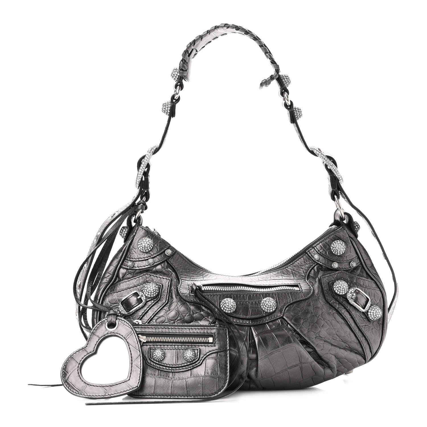 Balenciaga Metallic Calfskin Crocodile Embossed Crystal Small Le Cagole Shoulder Bag Gunmetal 1 of 19