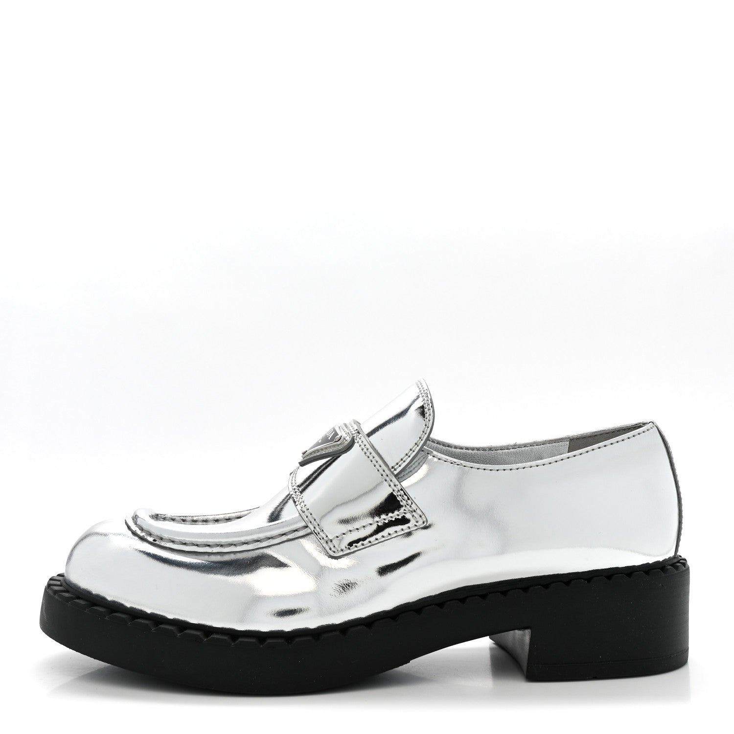 Prada Metallic Brushed Calfskin Metal Triangle Logo 50mm Loafers 39 Argento 1 of 10