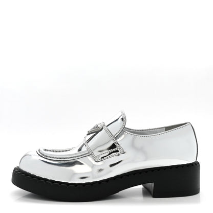 Prada Metallic Brushed Calfskin Metal Triangle Logo 50mm Loafers 39 Argento 1 of 10