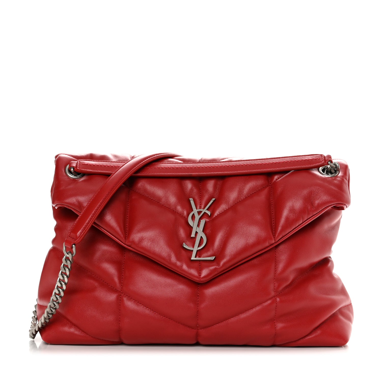 Lambskin Quilted Medium Loulou Puffer Monogram Chain Satchel Red
