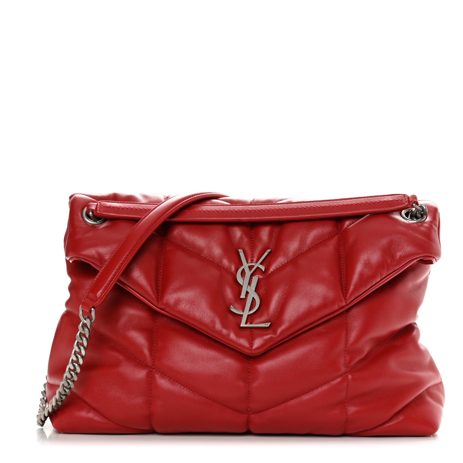 Saint Laurent Lambskin Quilted Medium Loulou Puffer Monogram Chain Satchel Red 1 of 11