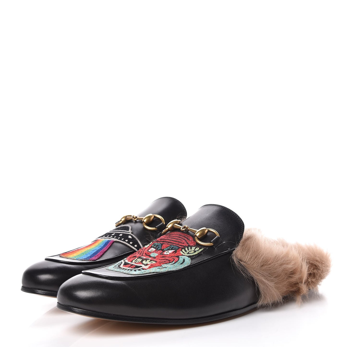 Calfskin Fur Dragon UFO Embroidered Mens Princetown Slippers 9 Black