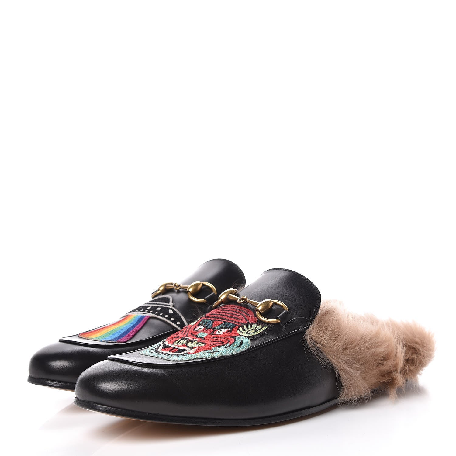 Gucci Calfskin Fur Dragon UFO Embroidered Mens Princetown Slippers 9 Black 3 of 10