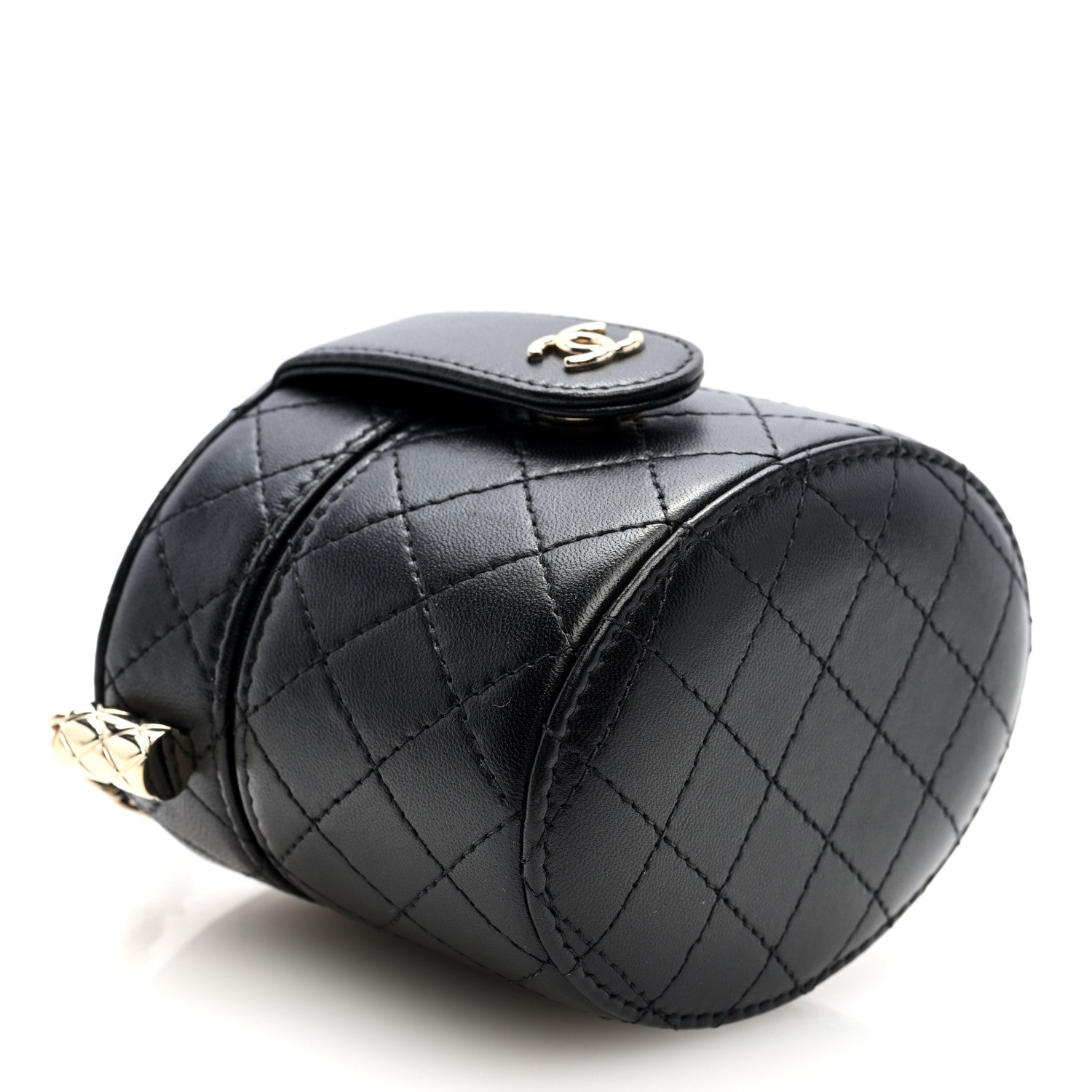 Chanel Lambskin Quilted Mini Round Vanity Case With Chain Black 4 of 11